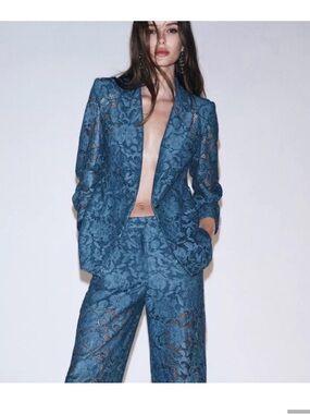 Zara Blue Lace Blazer and Pants Set